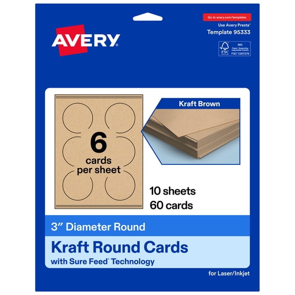 Avery Printable Round Cards, 3" Diameter, Kraft Brown, 60ct