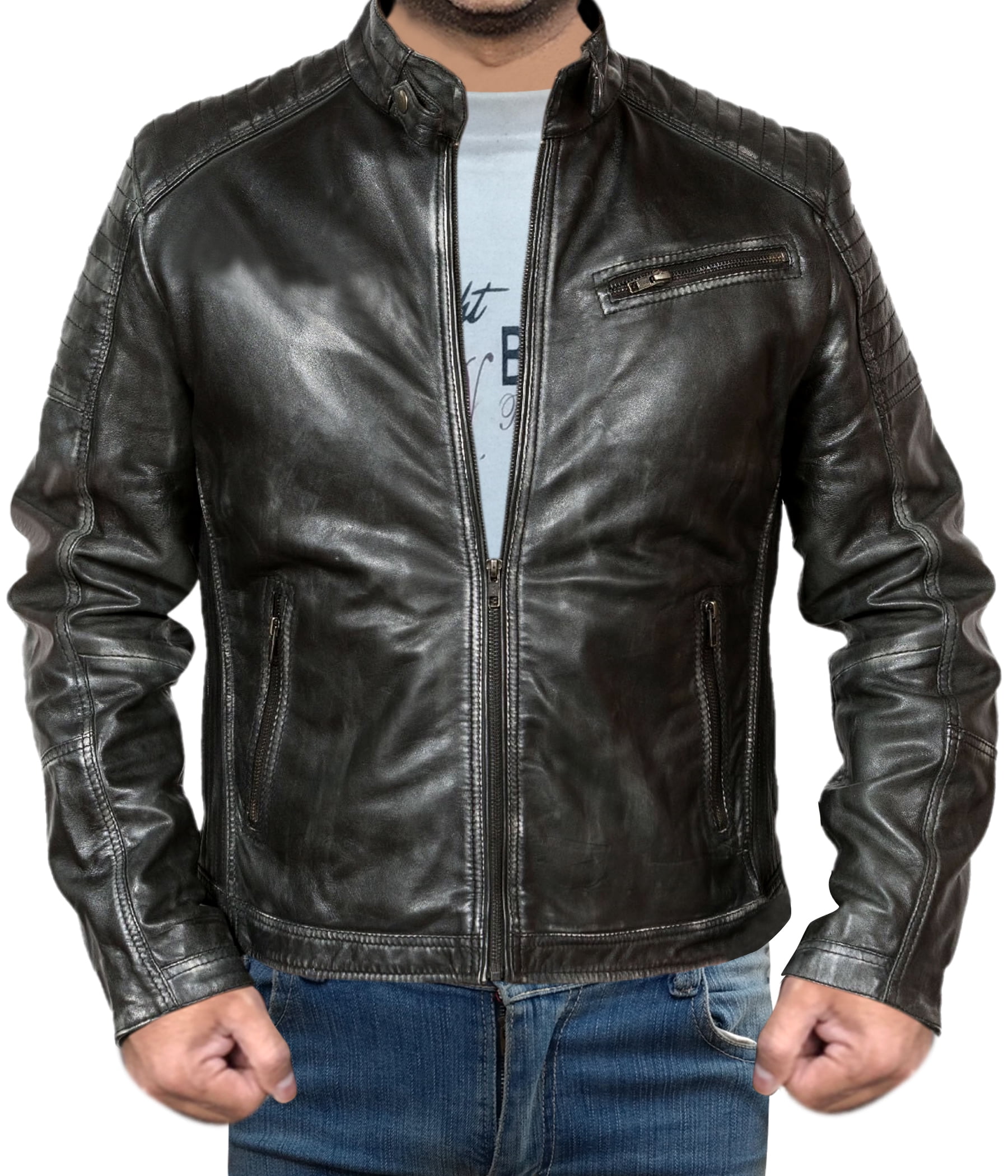 Leather Creative Mens Motobike Biker Style Quilted Genuine Leather Brown Jacket Faux, Genuine 