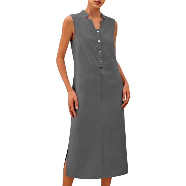 midi straight dresses for women Fdgiu Women's Collared V Neck Half Button Bell 3/4 Sleeve Loose Linen Midi Dress, Casual Office Work Spring Fall Home Lounge Straight Mid Length