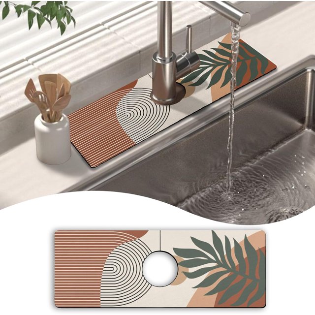 Kitchen Sink Splash Guard Faucet Mat 15" X 5.5" Boho Absorbent Fast Drying Mat Faucet Draining Mat Sink Splash Guard Behind Faucet Drip Catcher for Kitchen Bathroom