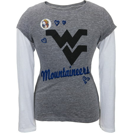 West Virginia Mountaineers Brass - West Virginia Mountaineers - Glitter Hearts Girls Youth 2fer Long Sleeve T-Shirt