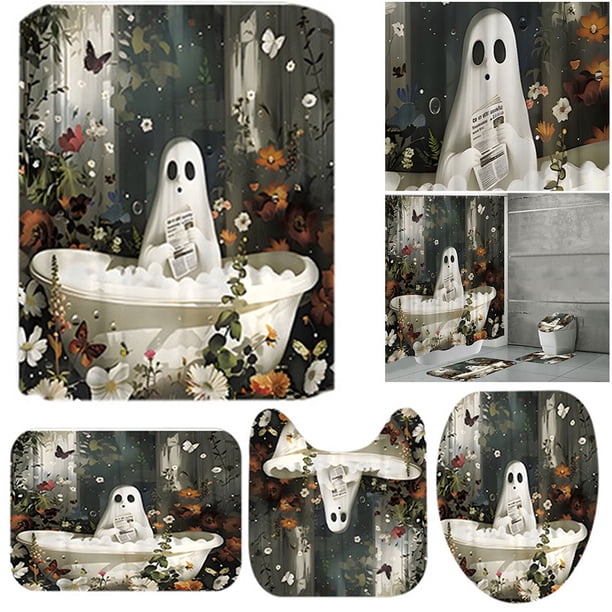 Cortina Ducha Lindo Dibujos Animados Fantasmas Set Halloween Lavible Baño Poliéster Tela Espeluznante Con Ganchos para Decoraciones