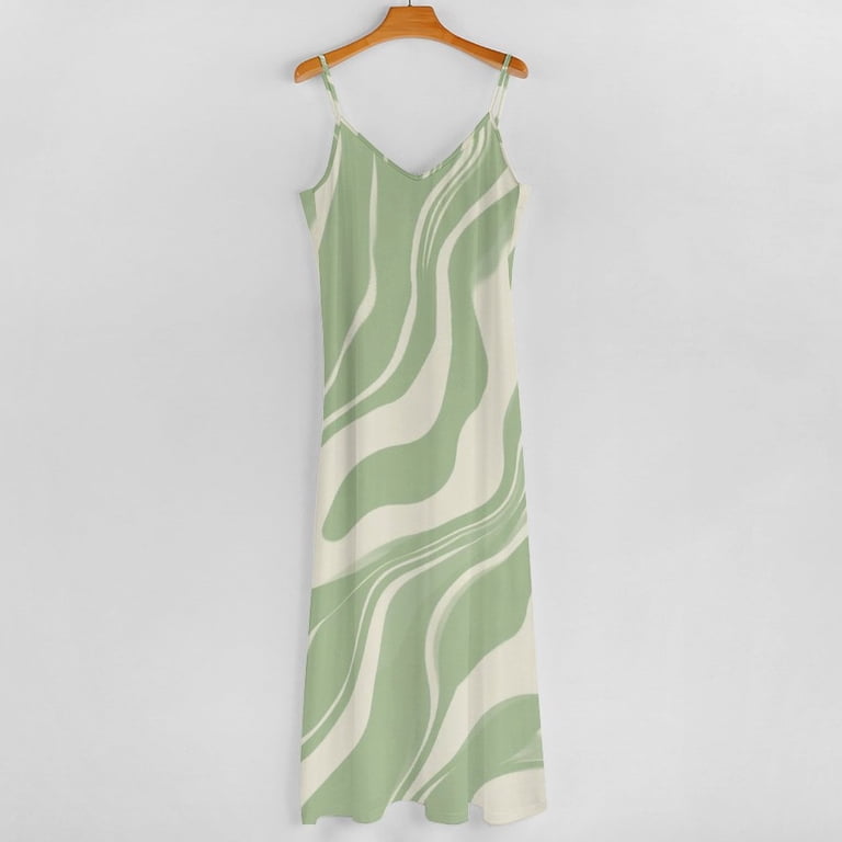 green and white swirl dress Abstract Cream Pattern Sleeveless Suspender Summer Fashion Casual Long Dress yardage