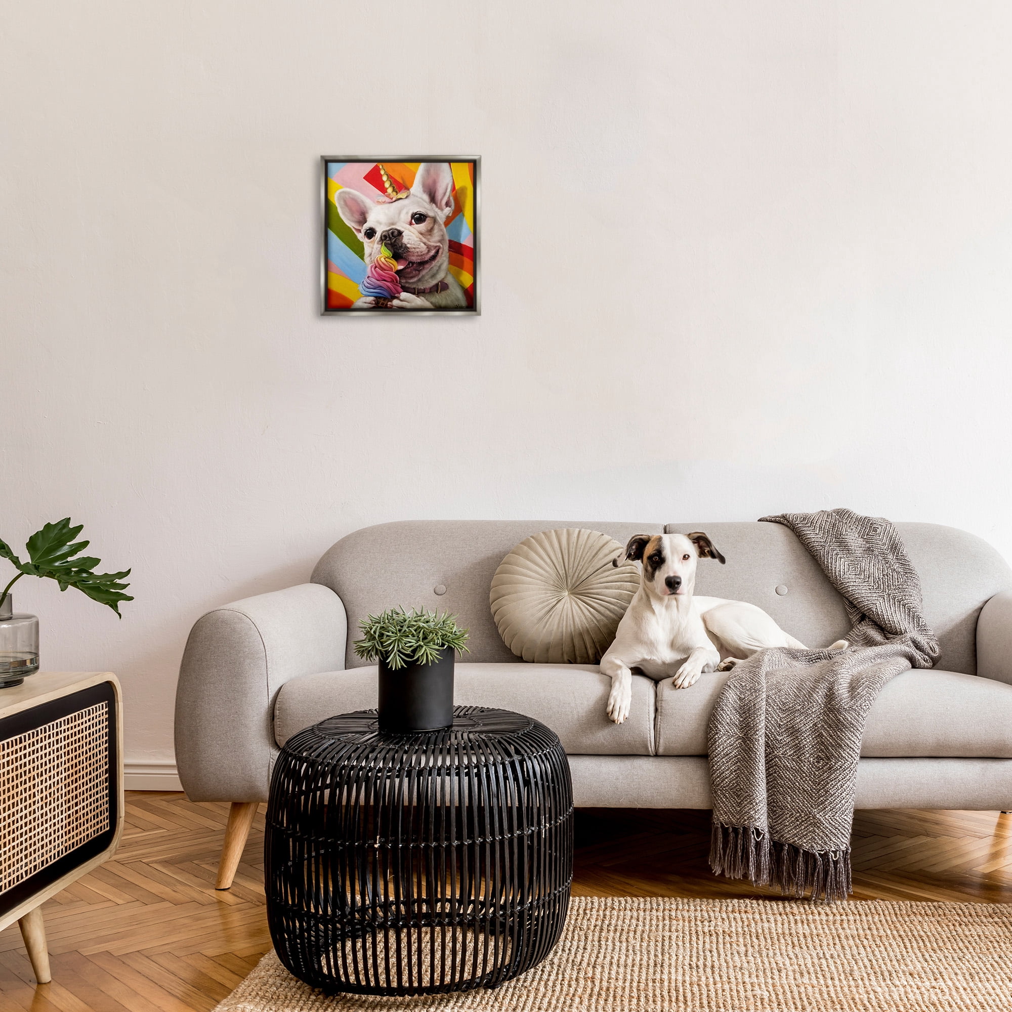 Stupell Industries Rainbow French Bulldog Ice Cream Animals & Insects Painting Gray Floater Framed Canvas Art Print Wall Art, 18 x 18