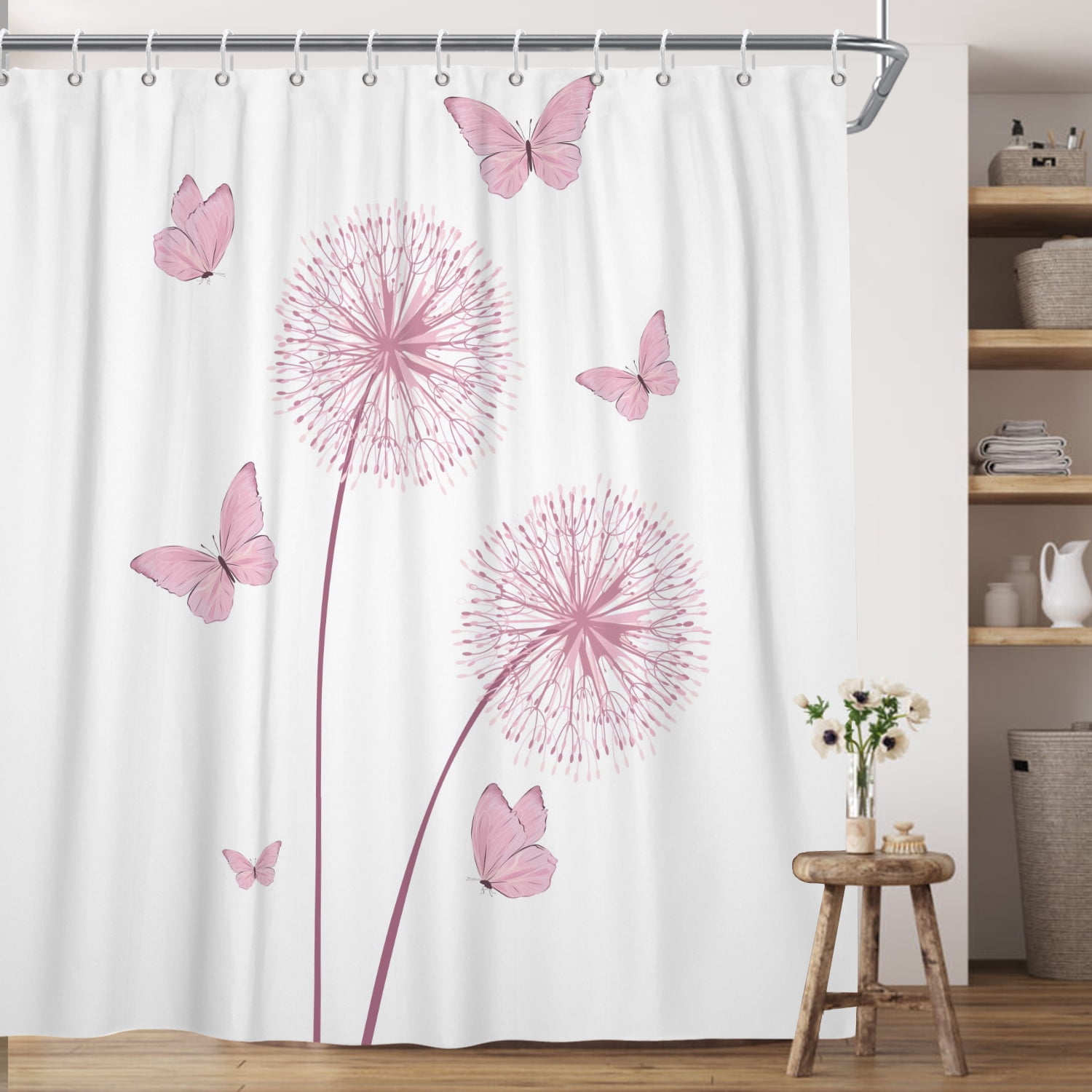 Farmhouse Rustic Shower Curtain ,Pretty Butterfly Dandelion Bathroom Decor Curtain，72x72inch