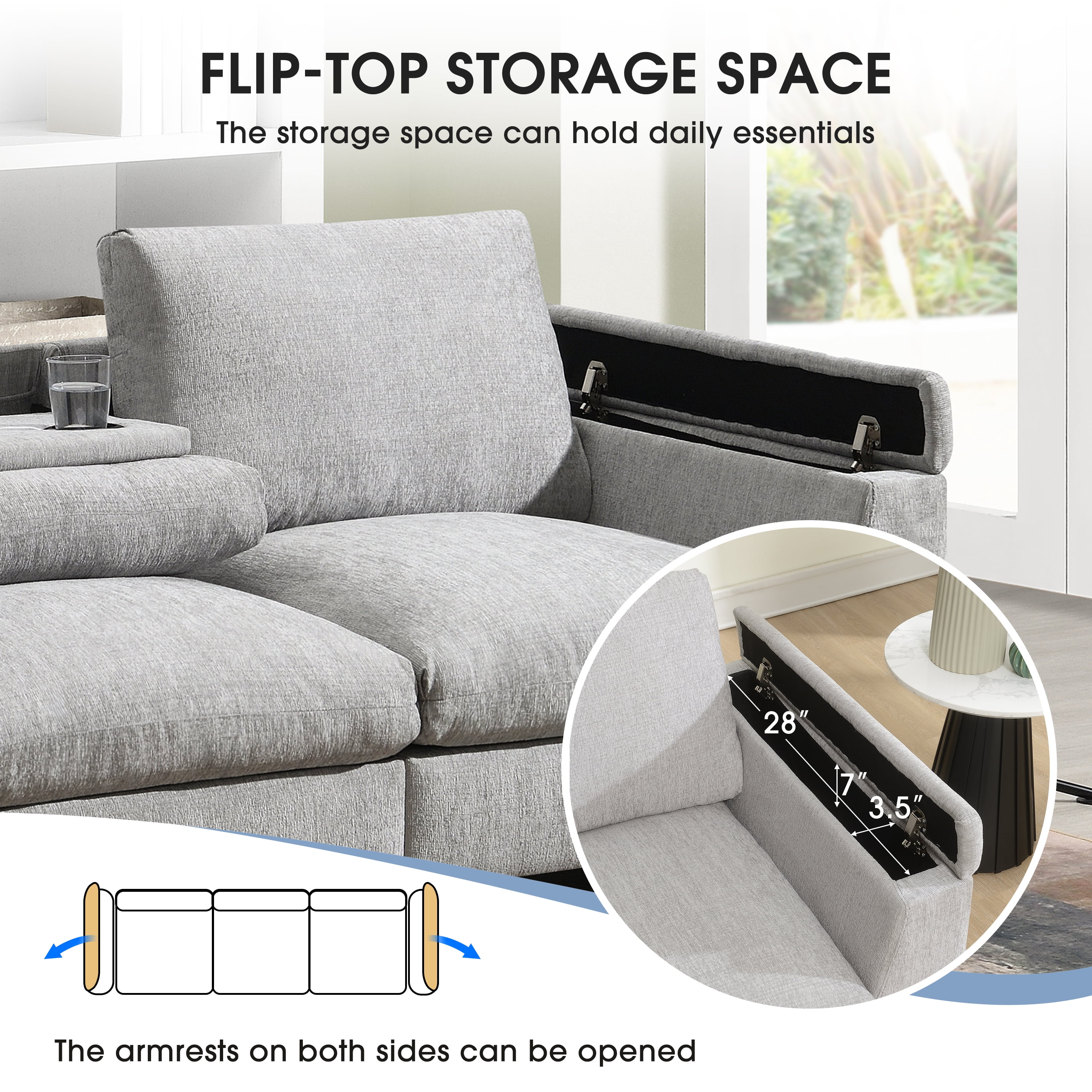 MAYEERTY 96x35" Chenille Sectional Sofa - Bluetooth Speaker, Drop Down Table/Cup Holders/USB/Storage Armrest, Wide Seat for Living Room/Apartment/Office, 3 Colors