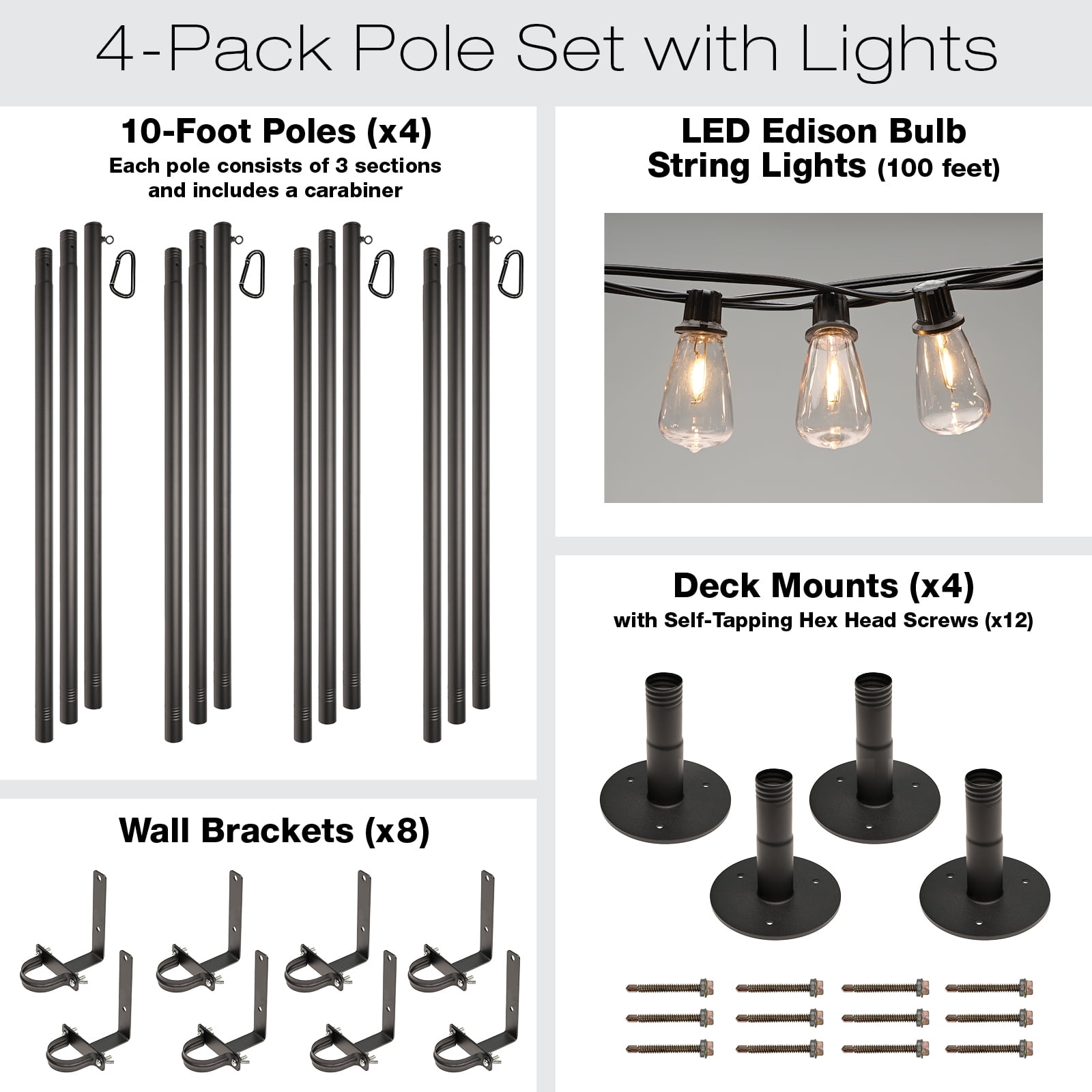 Excello Global Products Premium String Light Pole 4 Pack with 100' of LED Edison Bulb String Lights (Deck Mount)