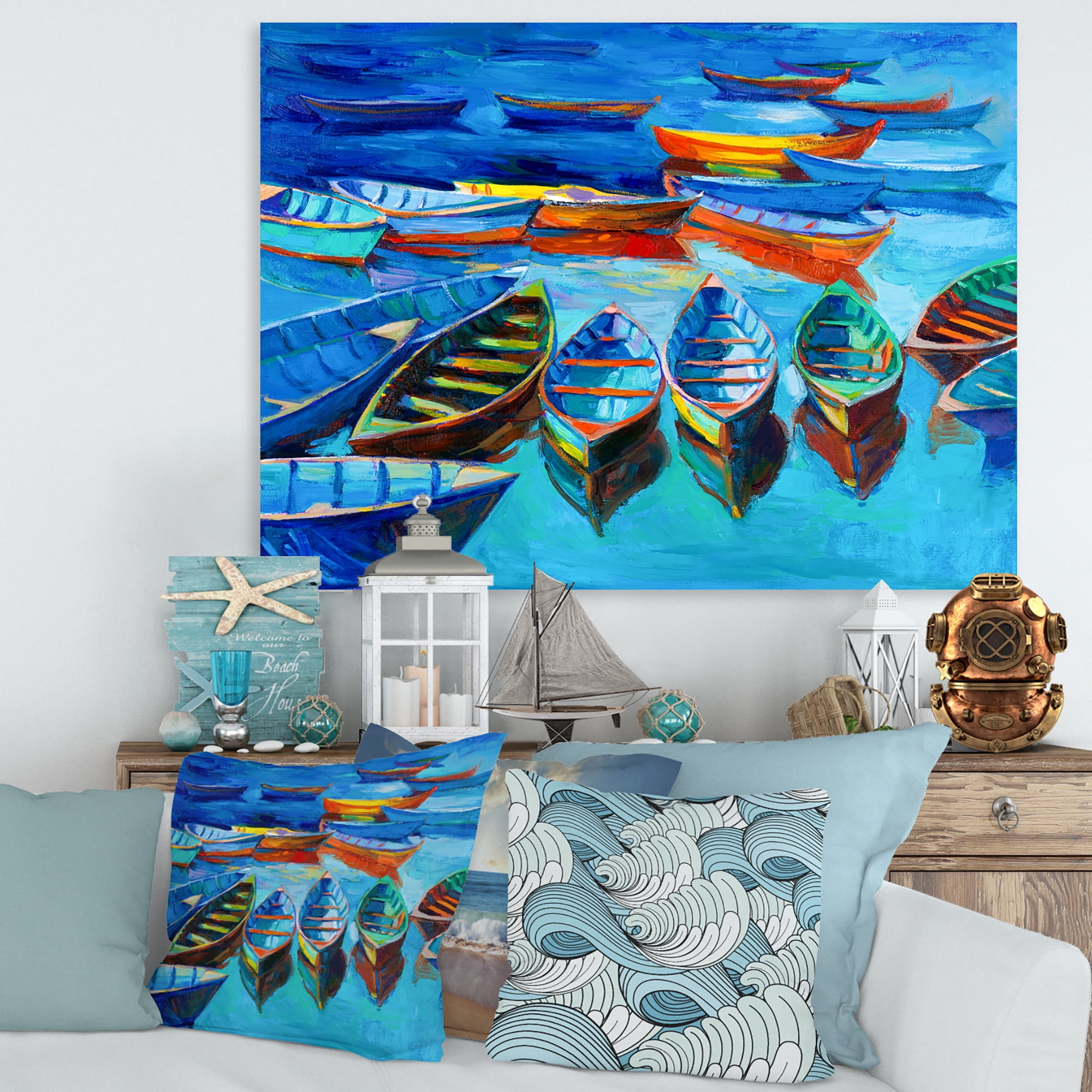 Designart ' Little Boats Wating In The Blue Harbour ' Nautical & Coastal Canvas Wall Art Print
