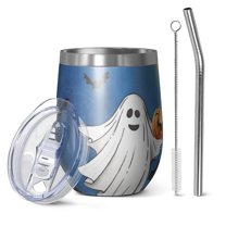 12oz Stemless Wine Tumblers Halloween Ghosts and Pumpkins in Graveyard Vacuum Insulated Stainless Steel Travel Tumbler Cups Mug with Lid and Straw for Champaign,Cocktail,Beer with Cleaning Brush