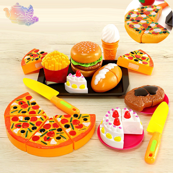 20pcs Kids Pretend Cutting Play Food Set with Pizza, Burger, Cake, Fries and Simulation Kitchen Knives, Fast Food Pretend Play House Toys, Cooking Chef Role Play Toy for Kids Ages 3 and Up