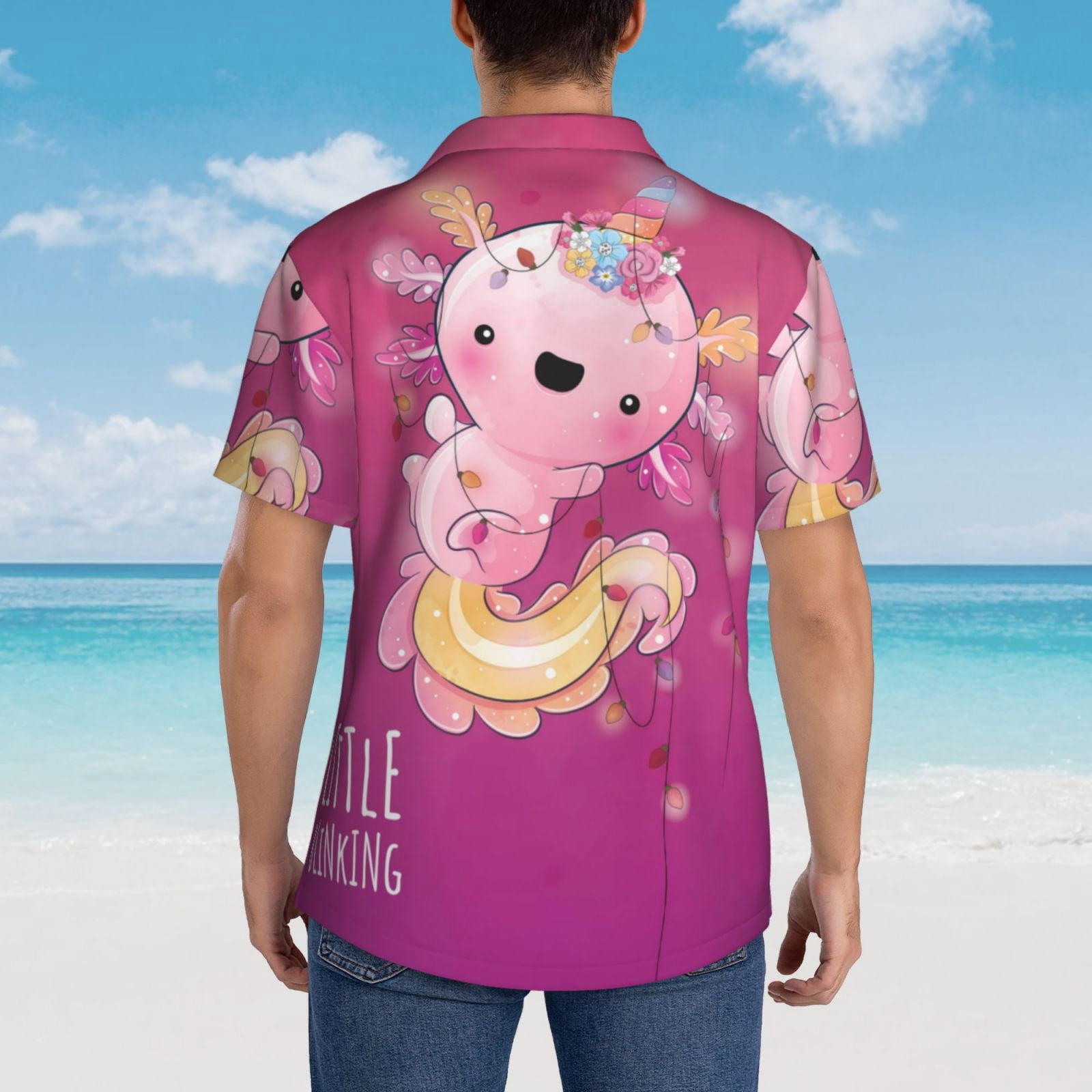 Logiee Cute Pink Axolotl A Print Mens Hawaiian Shirts,Loose-Fit Short Sleeve Button Down Tropical Aloha Beach Shirt,Summer Vacation Wedding Tops,Medium