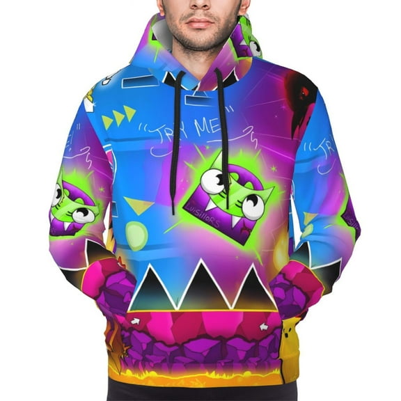 Saiise Geometry Dash Men's Graphic Print Long Sleeve Drawstring Hoodie Pullover Sweatshirt-Small