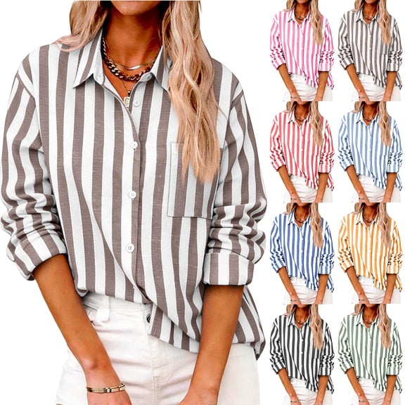 Women's Striped Button Down Shirt Long Sleeve Casual Linen Blouse Loose Fit Office Work Wear Spring Summer Outfit Black L