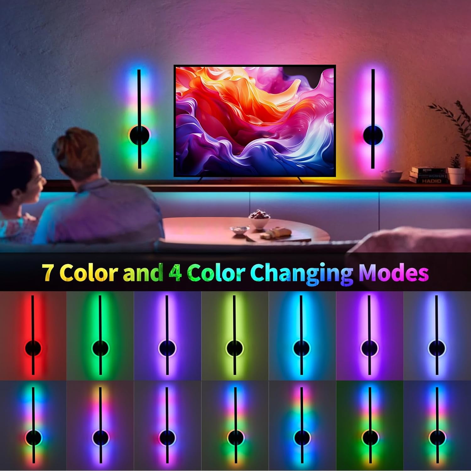 RGHJAR-Battery Operated Wall Sconces, RGB Wall Light with Remote and Touch Control, 24 Inch Dimmable Rechargeable LED Wall Lamps with 7 RGB Colors for Bedroom, Hallway, Livingroom, Black