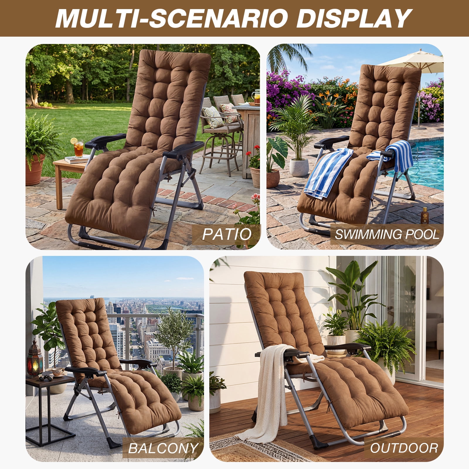 YEERSWAG 67x21x3 inch Outdoor Chaise Lounge Cushions, Lounge Chaise Cushion with Ties, Non Slip High Back Chair Pad for Patio Furniture, Coffee