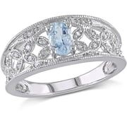 3/8 Carat T.G.W. Aquamarine and Diamond-Accent Sterling Silver Milgrain Design Ring, Size 6