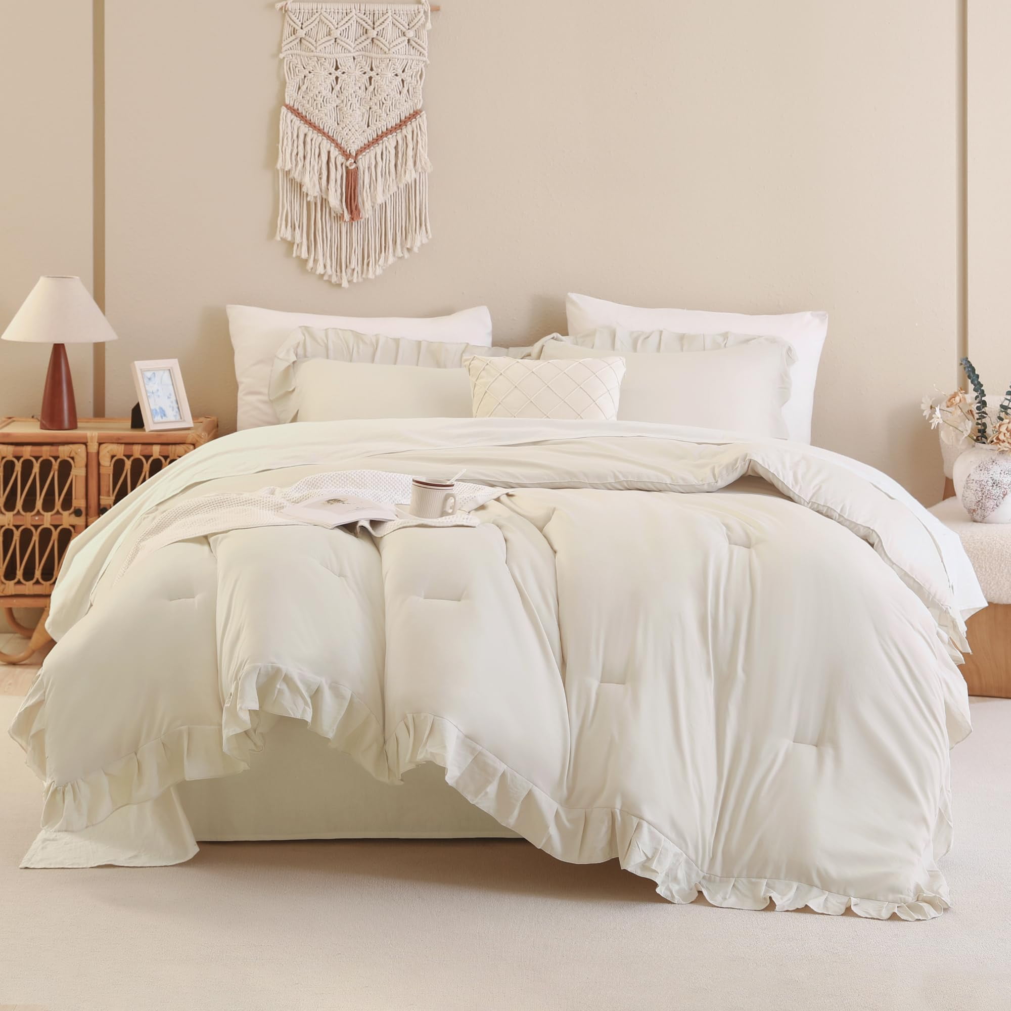ANGENIA Beige Comforter Set Full Size, 3 Pieces Cream Ruffle Comforter Full, All Season Farmhouse Soft Lightweight Fluffy Microfiber Bed Set (79"x90" Comforter & 2 Pillowcases)