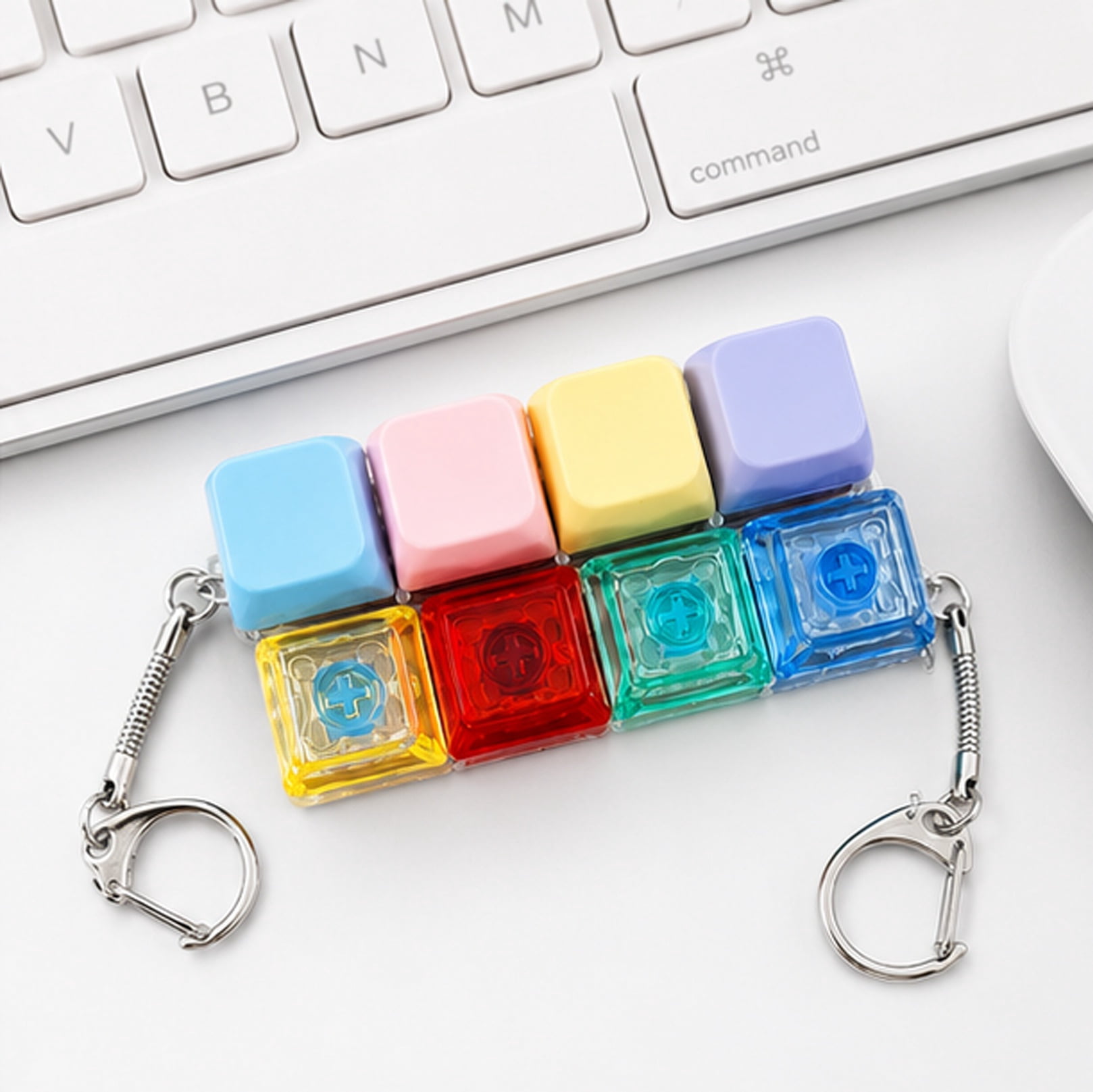 Mechanical Style Keyboard Fidget LED Clicker Keychain for Daily Stress Relief Colorful + Transparent Keyboard Chain 2 pcs