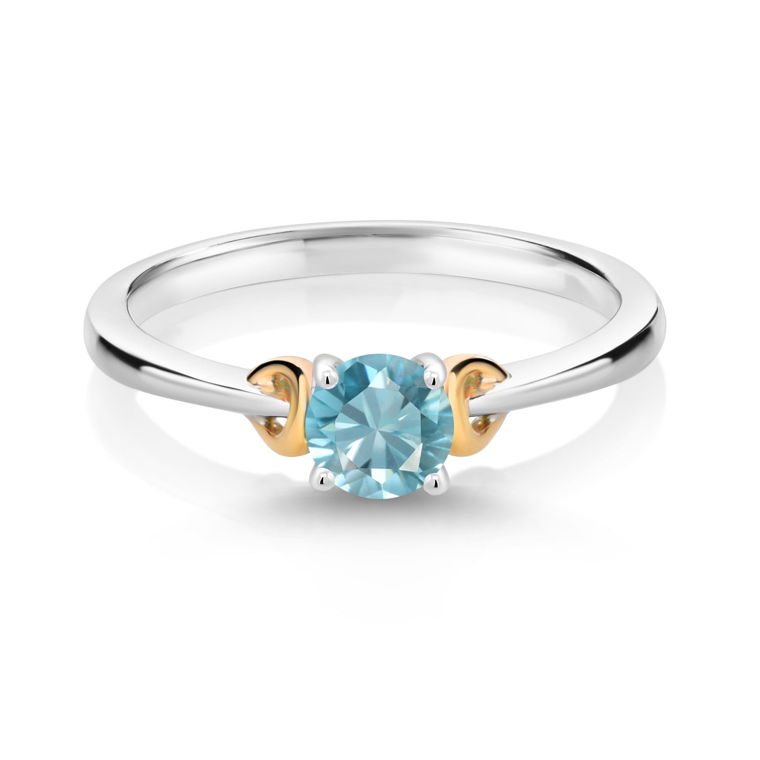 Gem Stone King 925 Sterling Silver and 10K Yellow Gold Blue Zircon Solitaire Engagement Ring for Women (0.85 Cttw, Round 5MM, Gemstone Birthstone, Size 5)