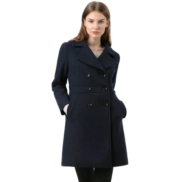 Abrigos largos de invierno con solapa con muesca y doble botonadura para mujer Azul oscuro XS