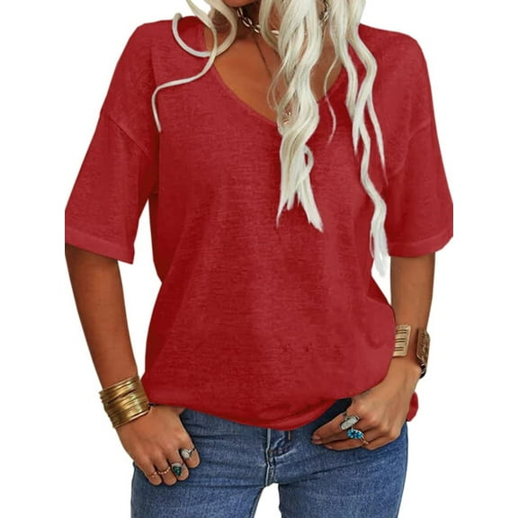 Solid Color Women V-Neck Half Sleeve Casual Loose Shirt Tops