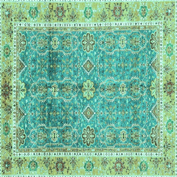 Ahgly Company Machine Washable Indoor Square Oriental Turquoise Blue Traditional Area Rugs, 7' Square
