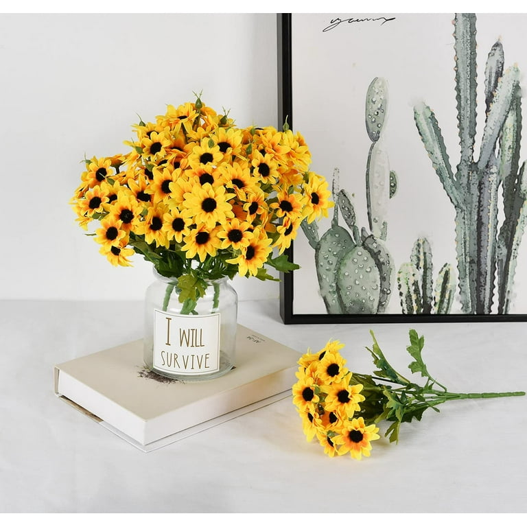 Mocoosy 4 Bunches Artificial Sunflowers Bouquets, Fake Silk Sunflowers Decor with Stems, Yellow Faux Sun Flowers Arrangements for Wedding Home