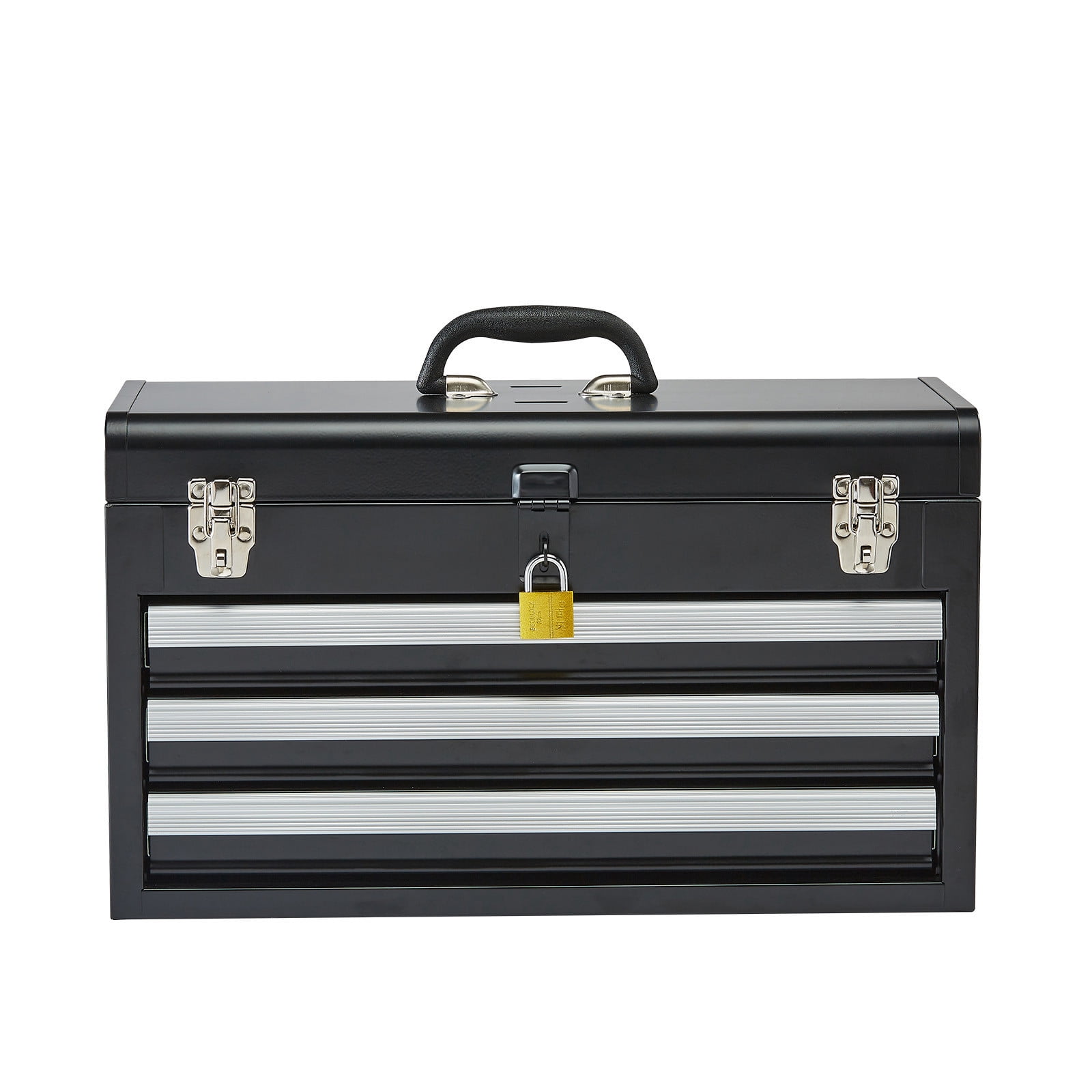 Durable 20.5-Inch Portable Metal Tool Box in Black with 3 Drawers Organizer