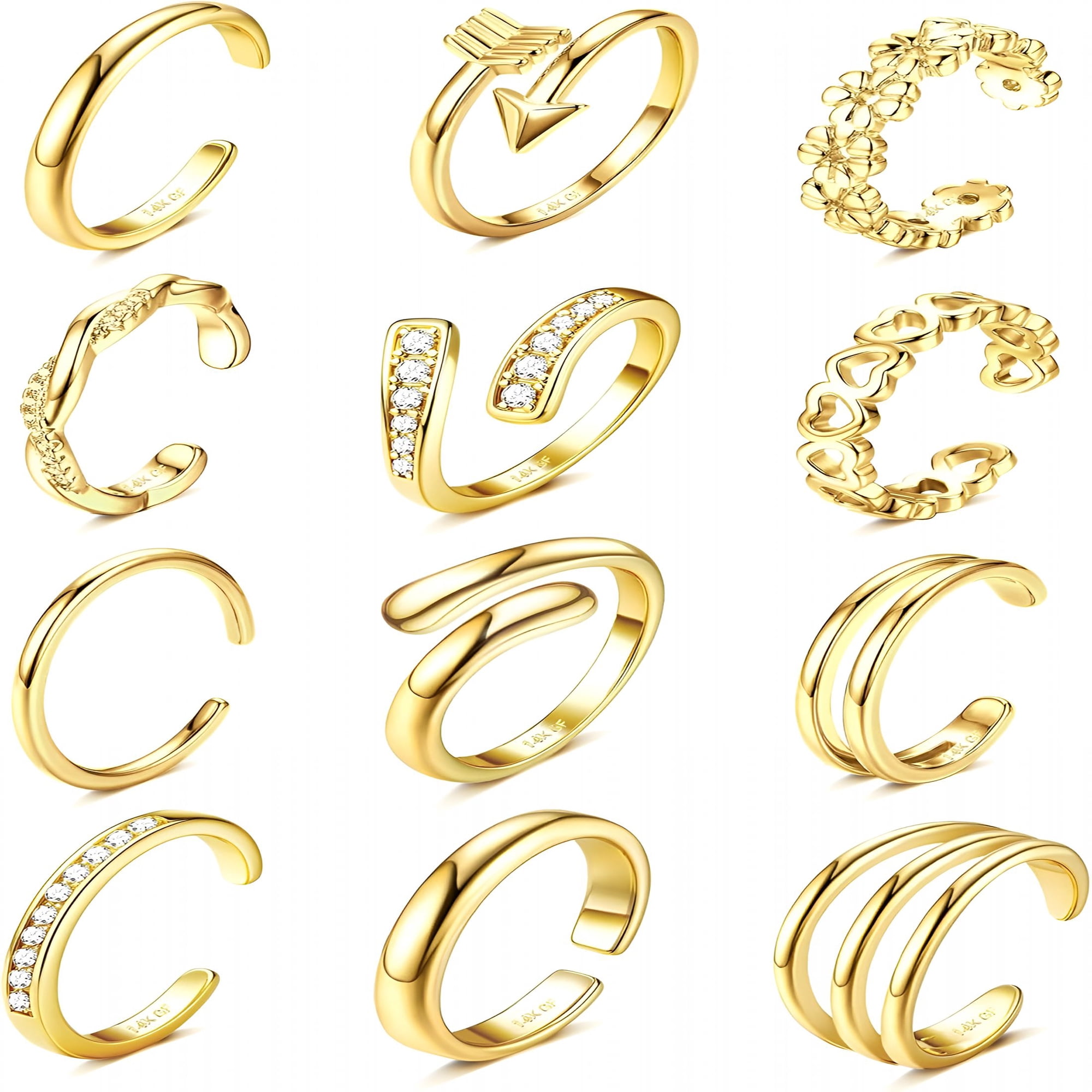 DESIGNICE 12Pcs Toe Rings for Women - Gold Filled Toe Ring Non Tarnish Adjustable Simple Hug CZ Thin Band Toe Rings Summer Beach Foot Jewelry for Women