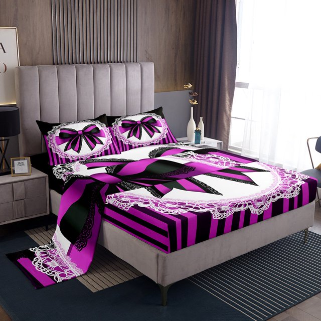 Erosebridal Purple Bow Tie Sheet Set King, Abstract Geomrtry Bedding Sets King Size, Princess Style Decor