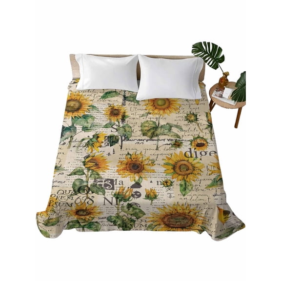Farmhouse Sunflower Flat Sheets Only King Size, Soft Breathable Bed Top Sheets for Mattress, Retro Summer Botanical Luxury Bedding Flat Sheets for Home Hotel Bedroom Bed Protection