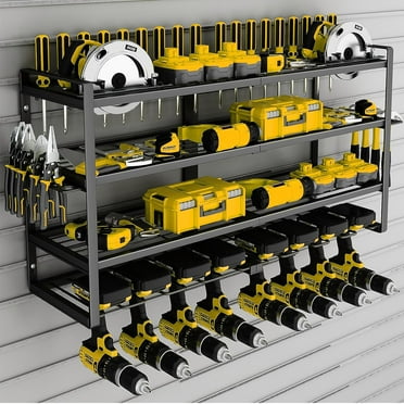 Wall Mount Power Tool Organizer 8 Drill Holder,4 Layer Heavy Duty Metal Power Tool Storage Rack,Garage Tool Organizer and Storage with Screwdriver Holder/Plier Holder/Hammer Holder