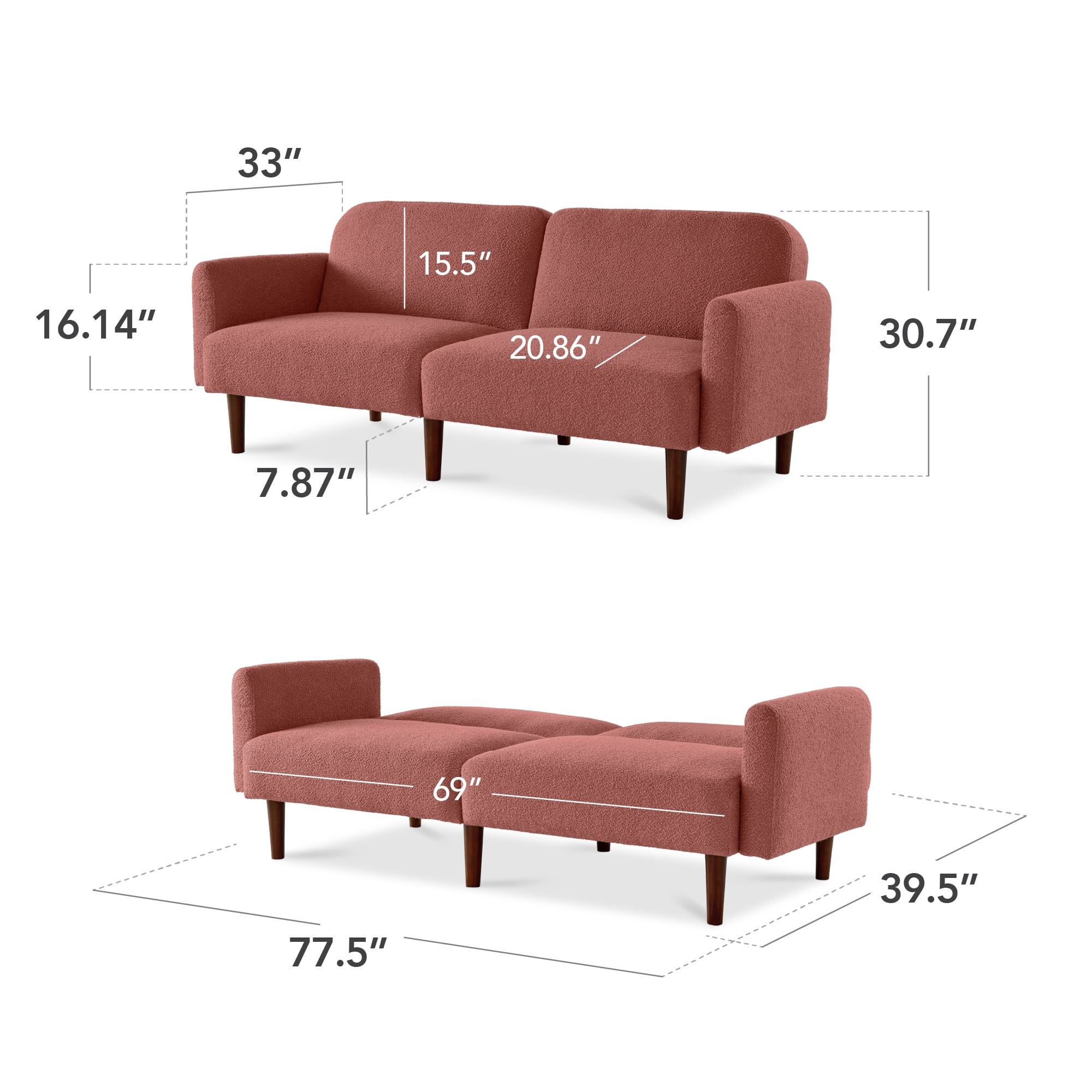 Best Choice Products Curved Convertible Futon, Boucle Fabric Split-Back Sleeper Bed - Mauve