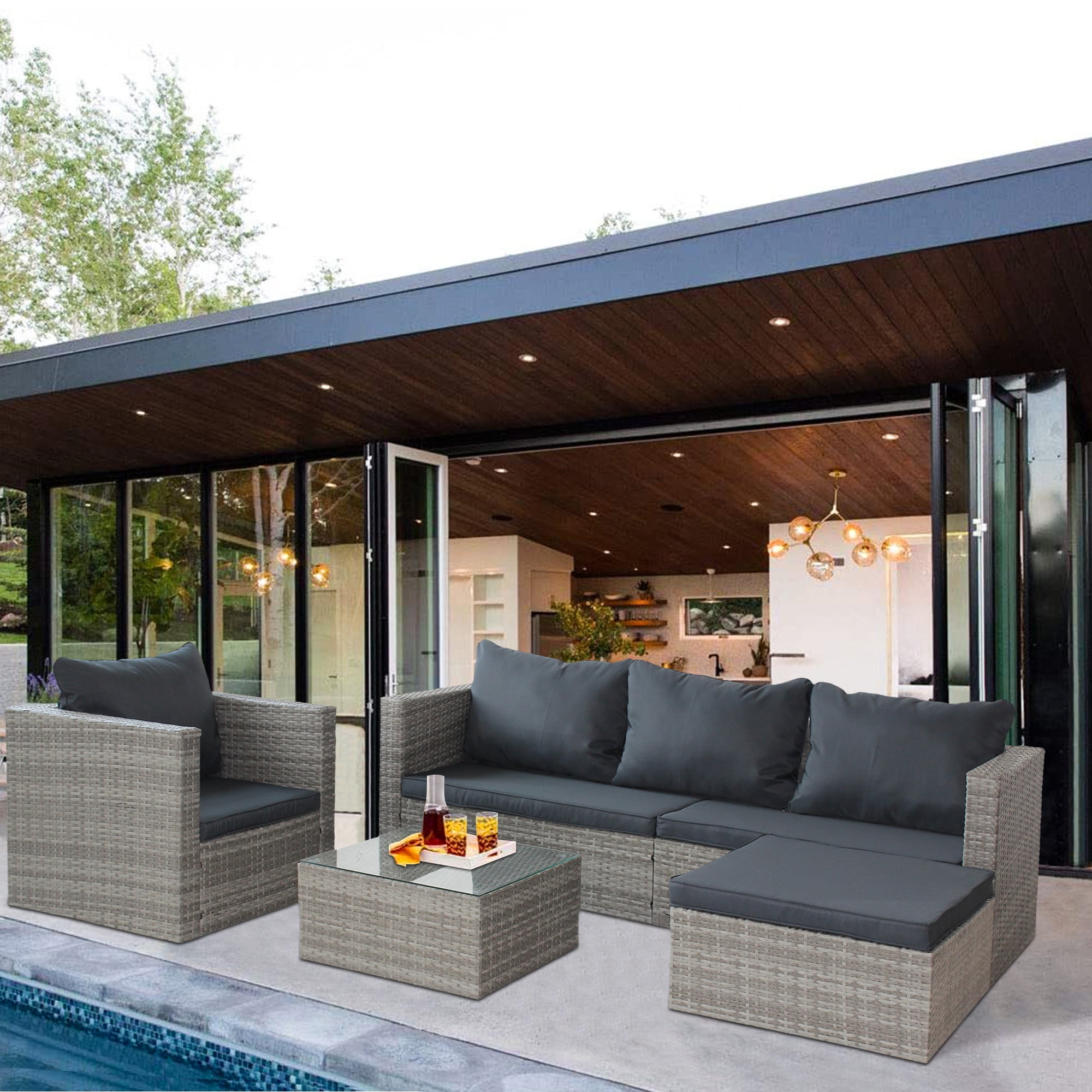4 Pieces Patio Furniture Sectional Set, Outdoor All-Weather Wicker Conversation Set with 3-Seater Sofa & Table, Rattan Sectional Sofa Set, Backyard Porch Balcony Use Furniture Set, K2813
