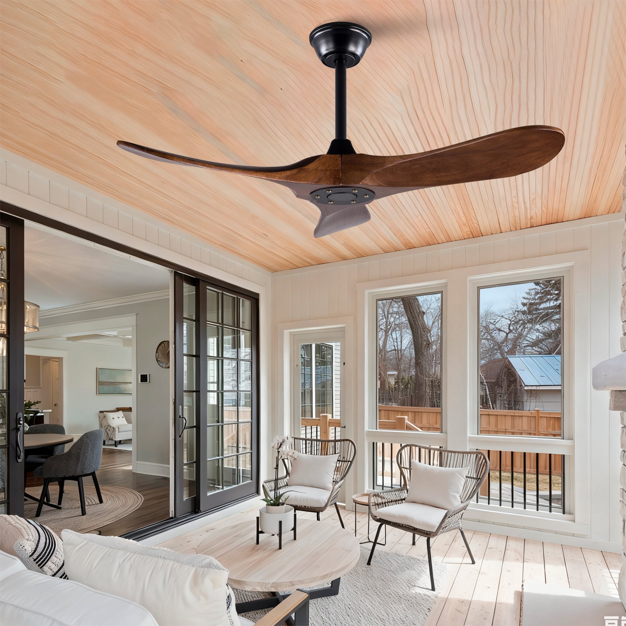 Ceiling Fan No Light, 42 Inch 3 Blades Solid Wood Outdoor Fan with Remote Control for Patio Living Room Bedroom, Black Dark Walnut