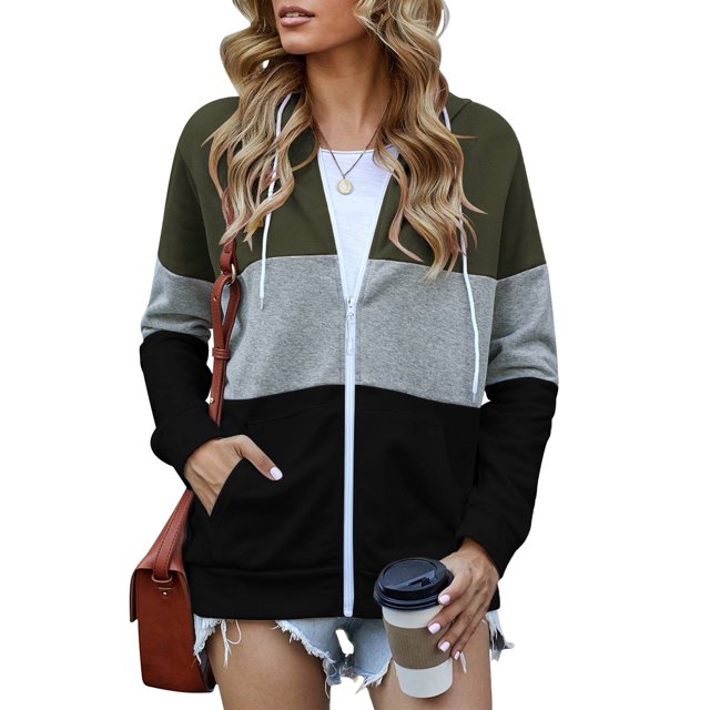 Sudadera con capucha y cremallera para mujer, abrigo informal de poliéster con bolsillo y manga larga para otoño e invierno, verde militar S