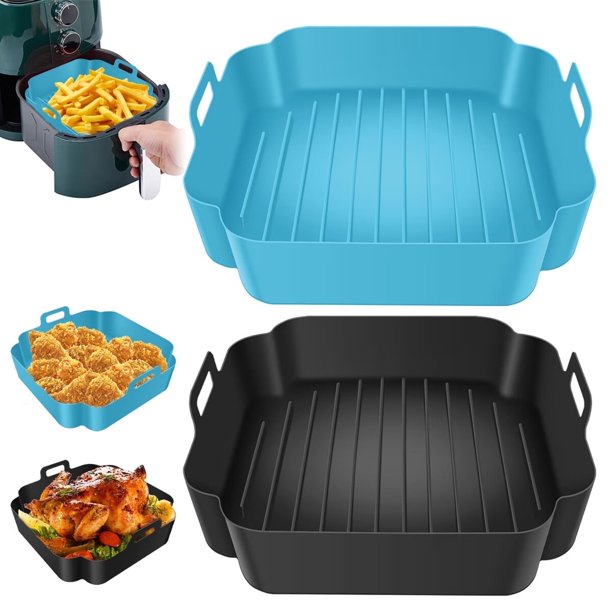 Xiyztok - 2 ollas de silicona con asa para freidora de aire, reutilizables, resistentes al calor, de silicona, cuadradas, bandejas para hornear, accesorios para freidora de aire, bandejas para
