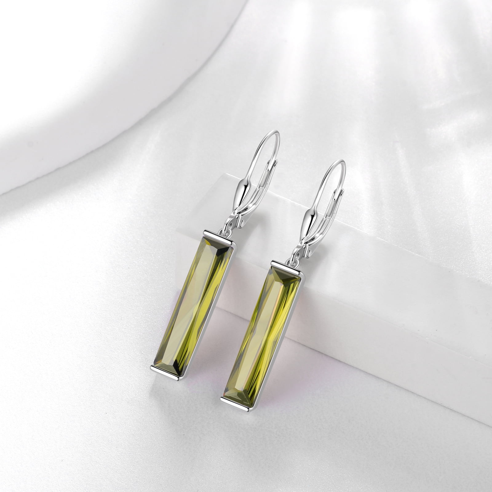 Juwaliy 925 Sterling Silver Women Earrings Dangle Leverback Earrings August Birthstone Peridot CZ Jewelry Birthday Mother's Day Gift