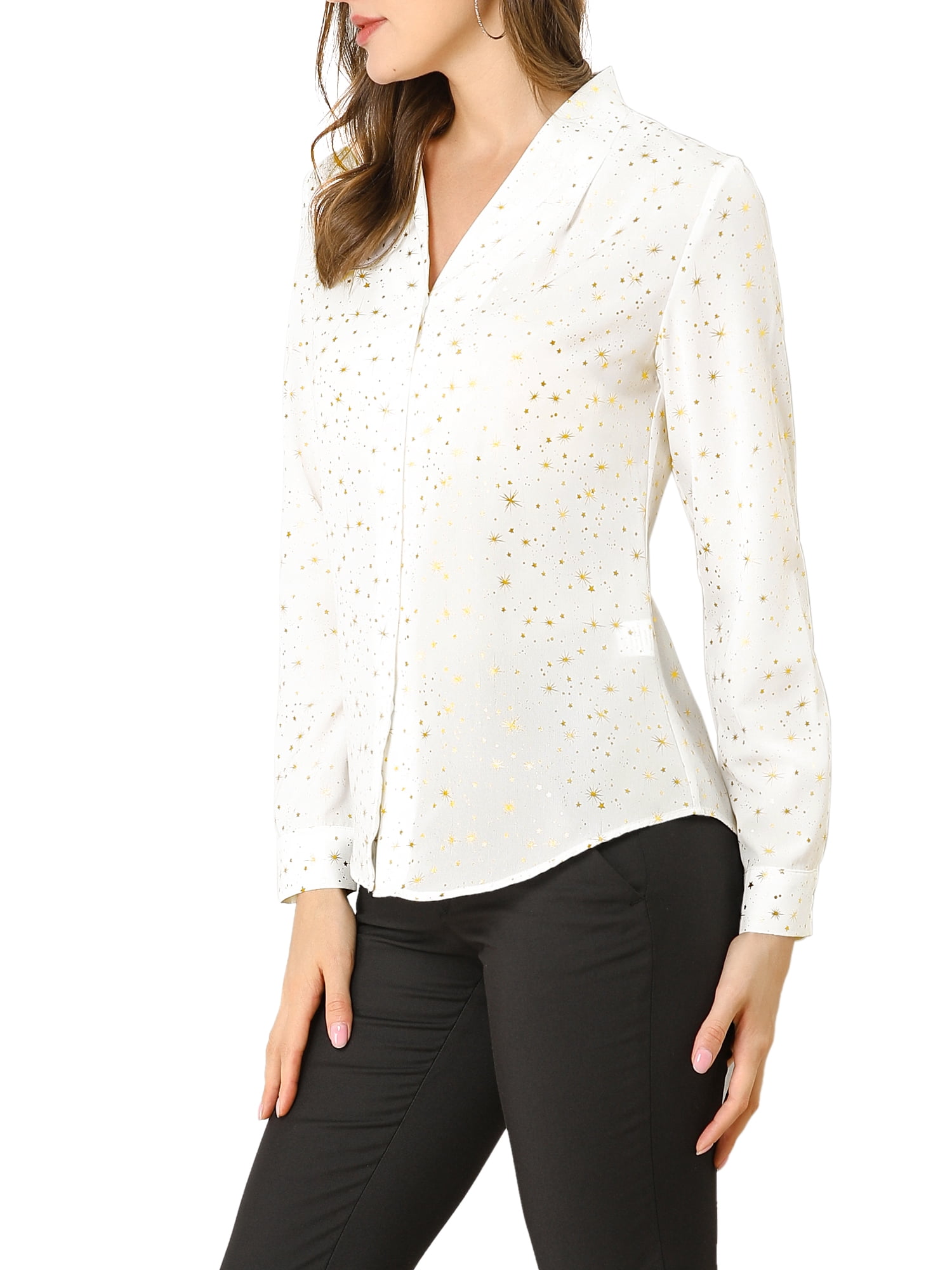 DARING DIVA Stand Collar Metallic Dots Stars Blouse Top L White
