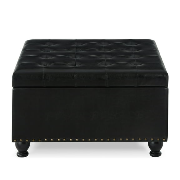 Large square storage ottoman with wooden legs, Upholstered button tufted coffee table with nail trims for Living Space, Black