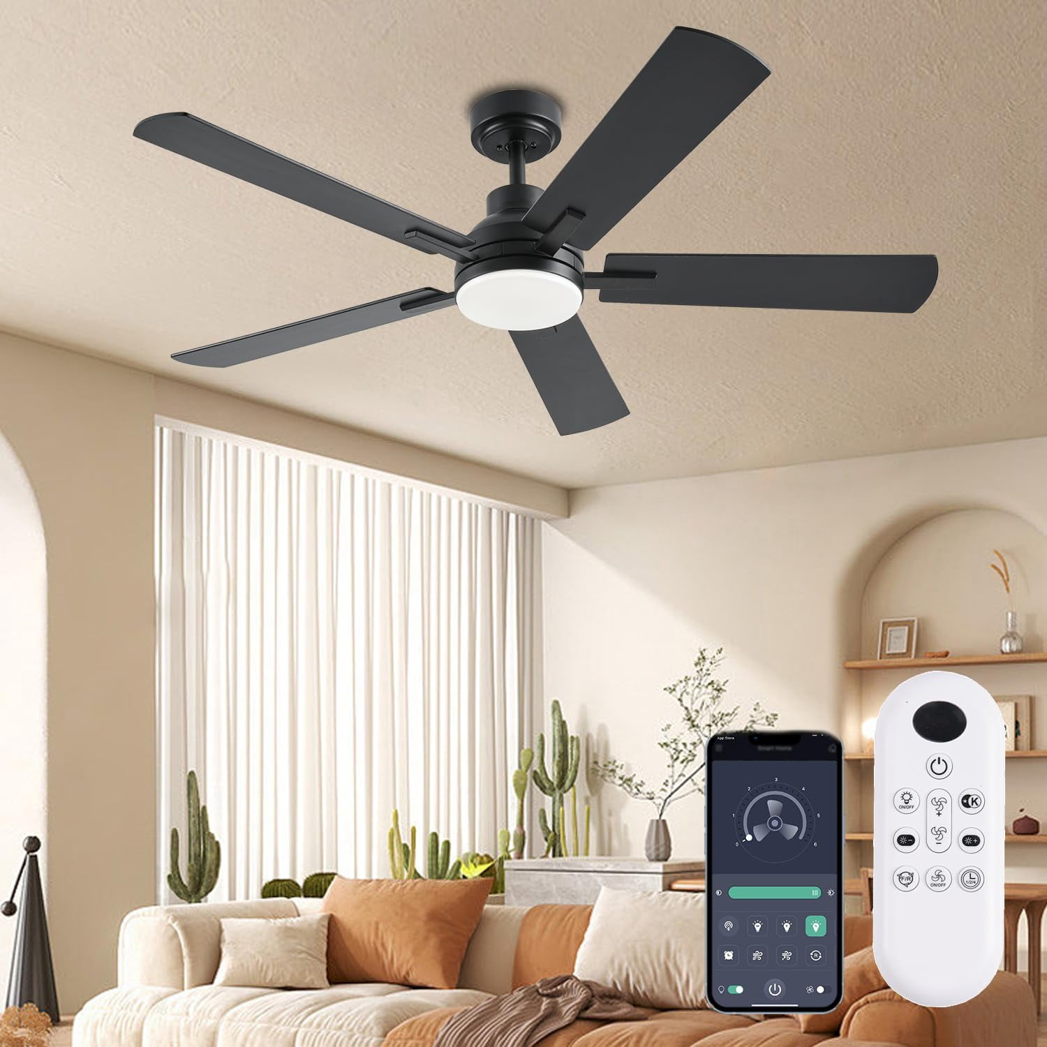 Low Profile Ceiling Fan with Lights, 52 inch Modern Black Ceiling Fans with Lights APP/Remote Control,6 Speeds Ceiling Fan Light for Indoor/Outdoor Patio Bedroom Living Room