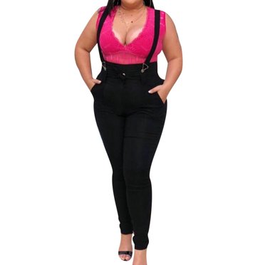 KVMeteor Jeans Skinny en Denim pour Femmes Grande Taille, Couleur Unie, Taille Haute, à Bretelles