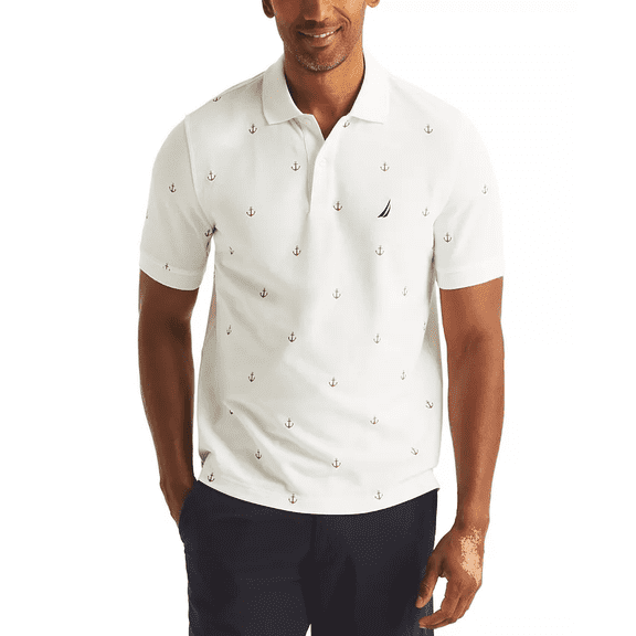 Nautica BRIGHT WHITE Men's Classic Fit Printed Deck Polo Shirt, US Medium