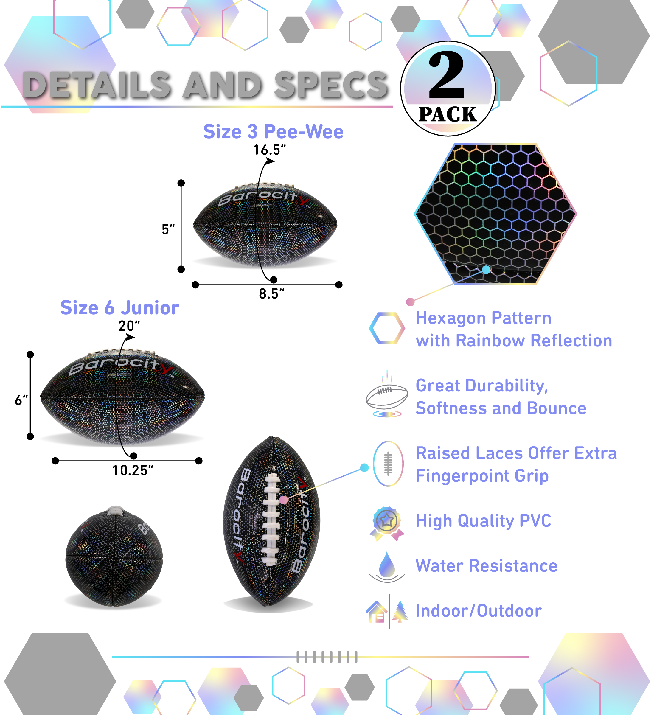 Barocity Footballs for Kids - Reflective Iridescent Rainbow Hex Pattern Boy and Girl Official Match Football for Indoor, Outdoor, Practice - 2 Premium Durable Training Balls Black Size 3 and Size 6