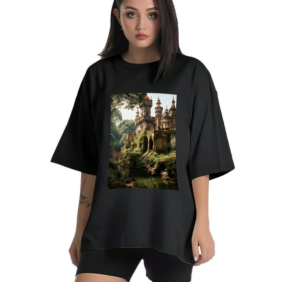 Plus Size Shirt for Women Black Tops for Women Short Sleeves Shirt for Women Castle (45） T Shirt Crewneck Shirt for Women XS