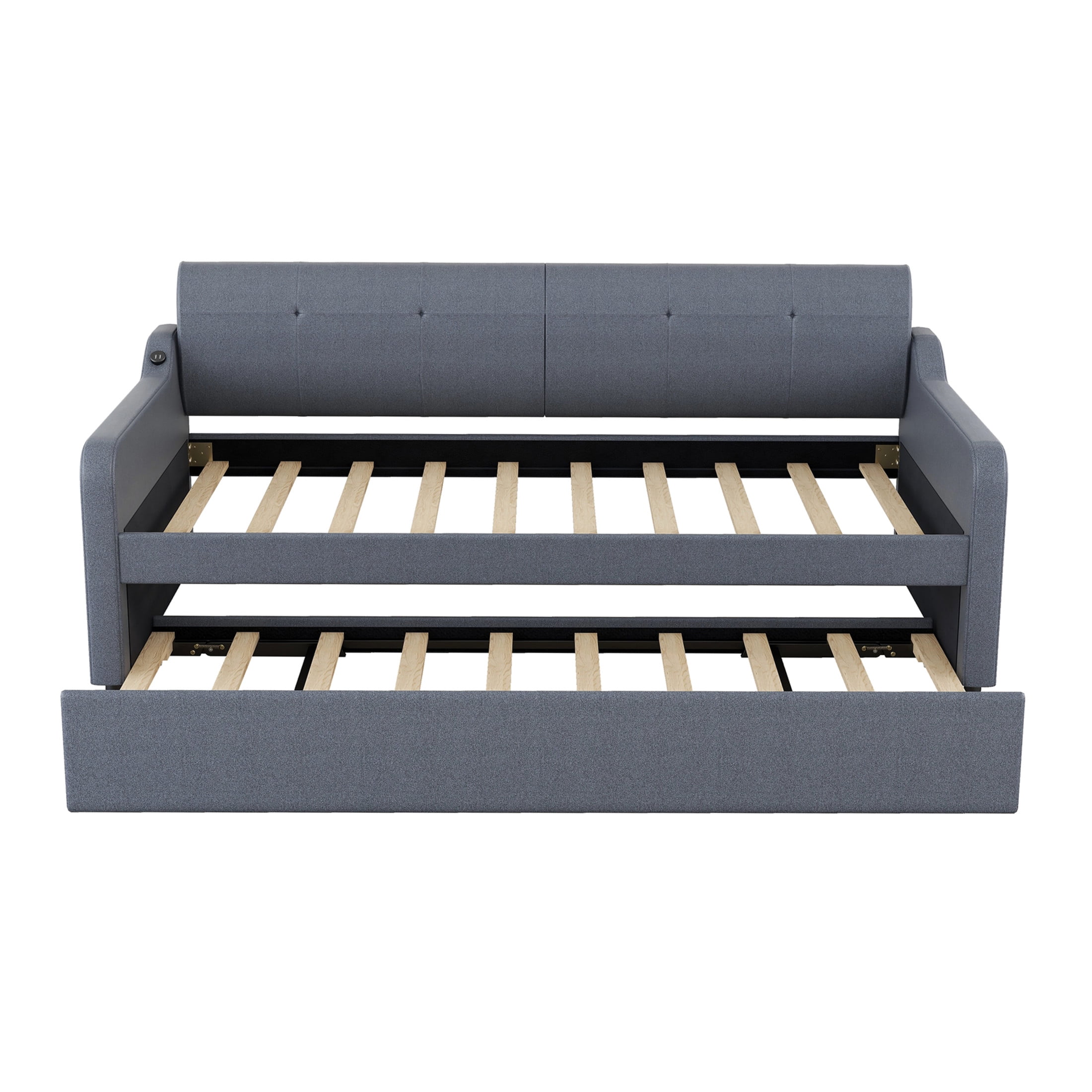 Noble House Winden Twin Linen Upholstered Daybed with Adjustable Pull-Out Trundle and USB Charging Port, Gray