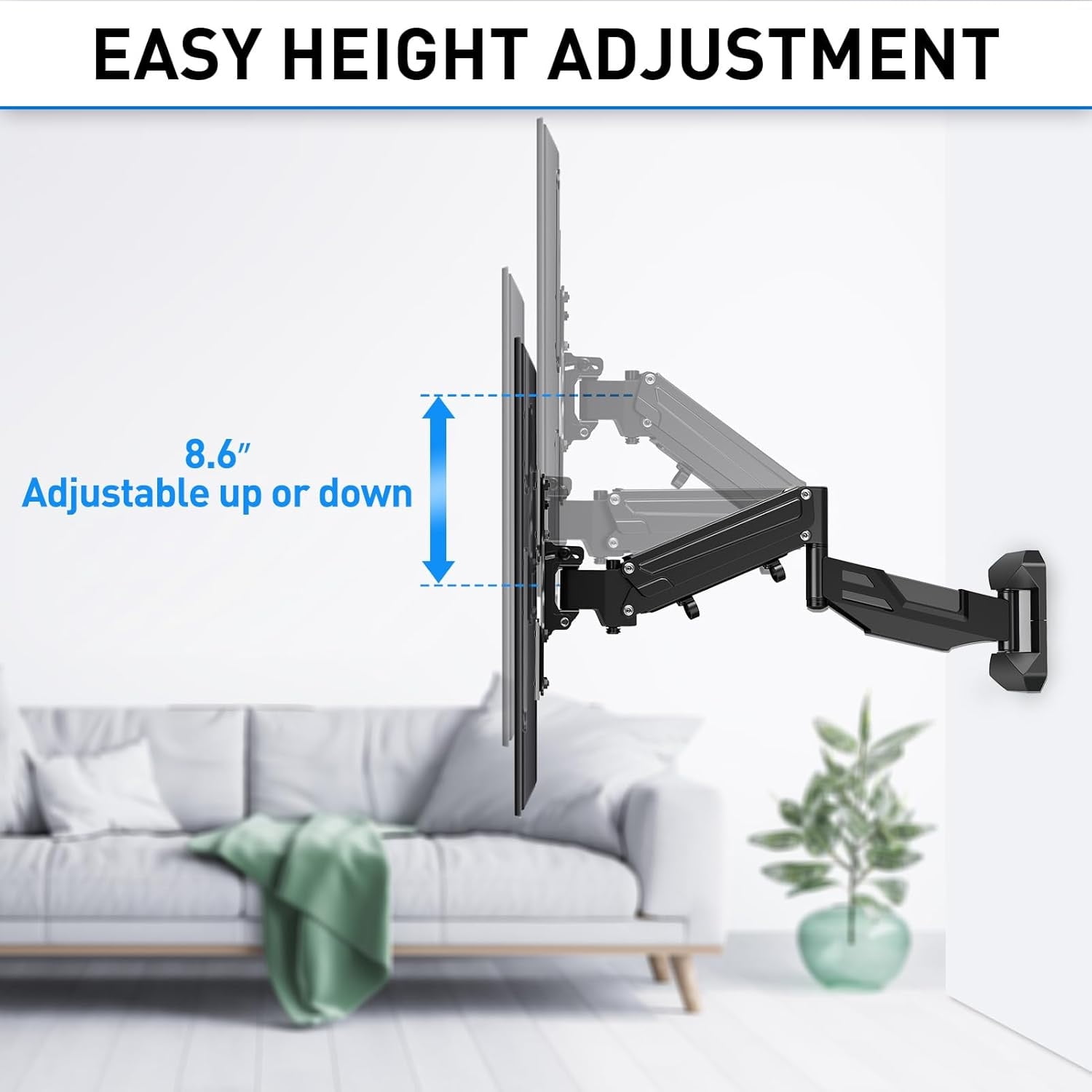 Height Adjustable TV Wall Mount for 26-55 Inch TVs, Gas Spring Full Motion Articulating TV Bracket with Smooth Swivel Tilt &  Corner Installation