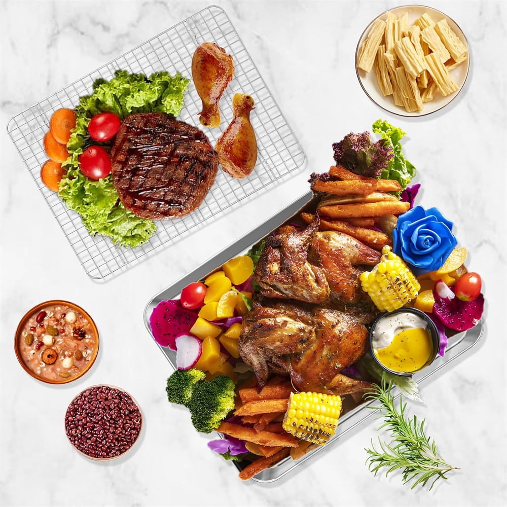 Small Baking Sheet with Rack Set [ Small Cookie Sheet + Small Baking Rack], NOGIS Stainless Steel Toaster Oven Pans and Grill Rack - Rust & Warp Resistant & Nonstick, 9.3 x 6.9 x 1 Inch