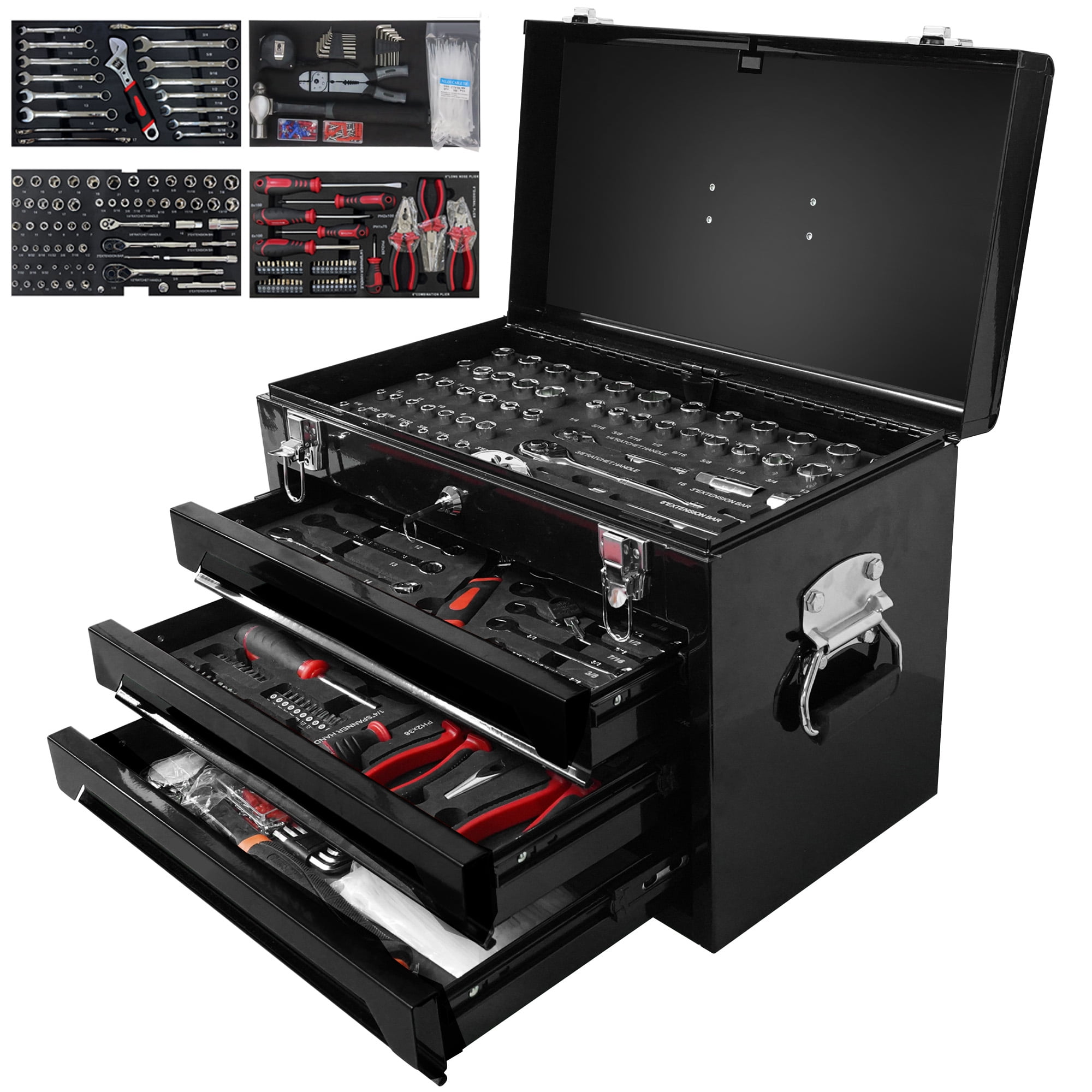 Aukfa 439-Piece Mechanics Tool Set, 3 Drawer Tool Organizer Metal Box w/ Tool Kit for Home, Auto Repair, Black