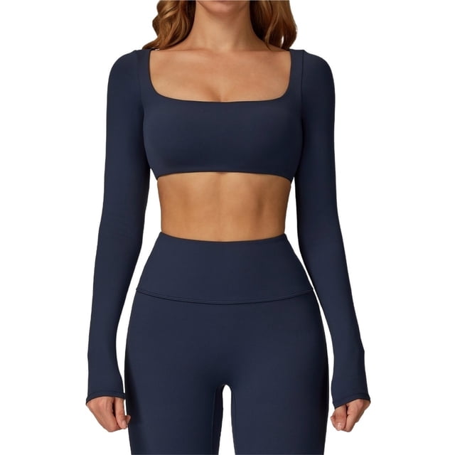 Tops cortos de yoga for mujer, camiseta de manga larga con cuello cuadrado, camisetas básicas elásticas ajustadas, camisetas deportivas for ejercicio al aire libre y gimnasio